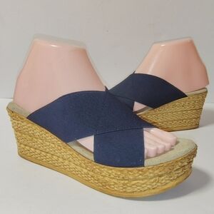 Charleston Shoe Co. Backless Cannon Crisscross Wedge Platform Slide Sandals Navy
